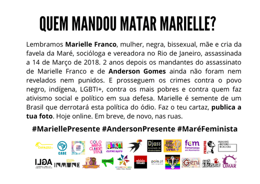 Cartaz 2 Campanha online de homenagem Quem mandou matar Marielle 14 Março 2020 Portugal Marielle Presente!