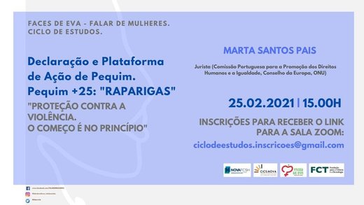 Cartaz 4.º Evento do Ciclo de Estudos. Falar de Mulheres com Marta Santos Pais 25 fevereiro 2021