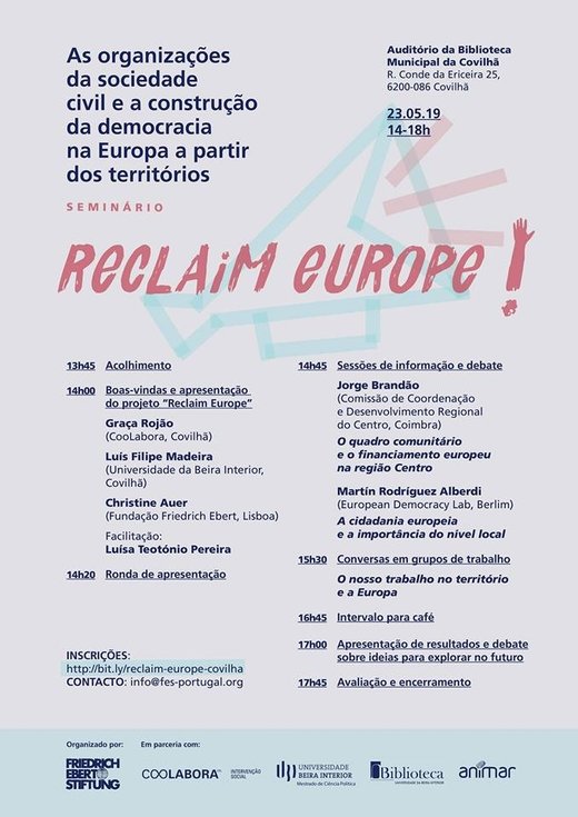 Cartaz A construção da democracia na Europa a partir dos territórios 23 Maio 2019 Covilhã