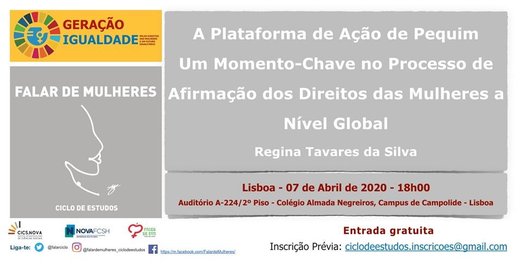 Cartaz Ciclo de Estudos Falar de Mulheres com Regina Tavares da Silva 7 Abril 2020 Lisboa