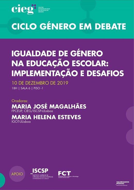 Cartaz Ciclo Género em Debate Igualdade de Género na educação escolar 10 Dezembro 2019 Lisboa