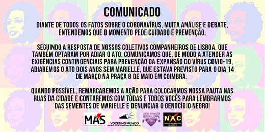 Cartaz Comunicado - Ato Dois Anos Sem Marielle - Coimbra 14 Março 2020 Marielle Presente!
