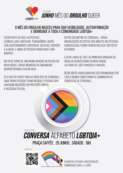 Cartaz Conversa Alfabeto LGBTQIA+ 26 de junho de 2021 no Praça Caffèe Lgbti Leiria