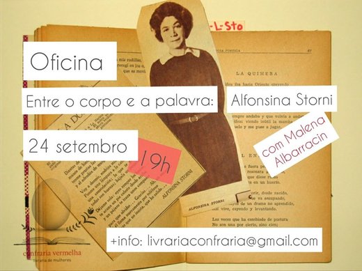 Cartaz Entre o corpo e a palavra: Alfonsina Storni 24 Setembro 2019 Confraria Vermelha Livraria de Mulheres Porto
