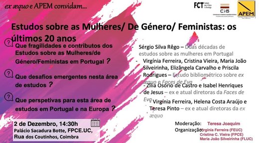 Cartaz Estudos sobre Mulheres/de Género/Feministas: os últimos 20 anos 2 dezembro 2019 APEM Coimbra