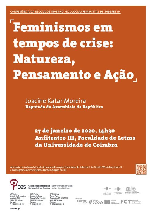 Cartaz Feminismos em tempos de crise: Natureza, Pensamento e Ação 27 Janeiro 2020 Programa GENDER WORKSHOP Series X CES Universidade de Coimbra