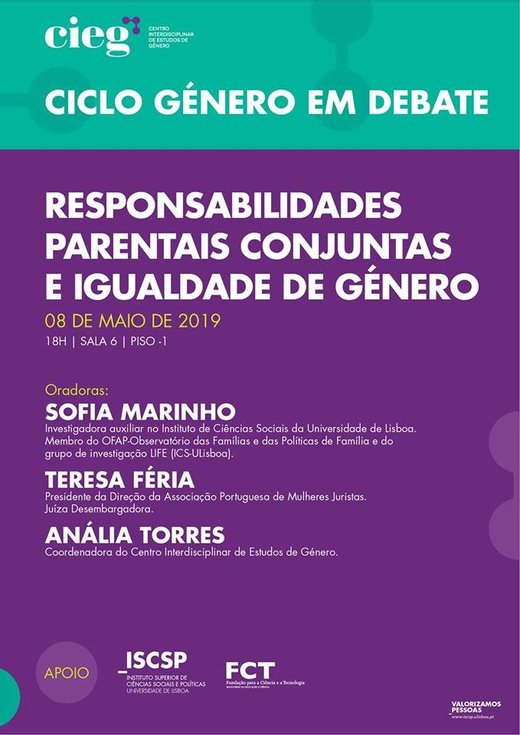 Cartaz Género em Debate | Responsabilidades Parentais Conjuntas e IG 8 Maio 2019 Lisboa