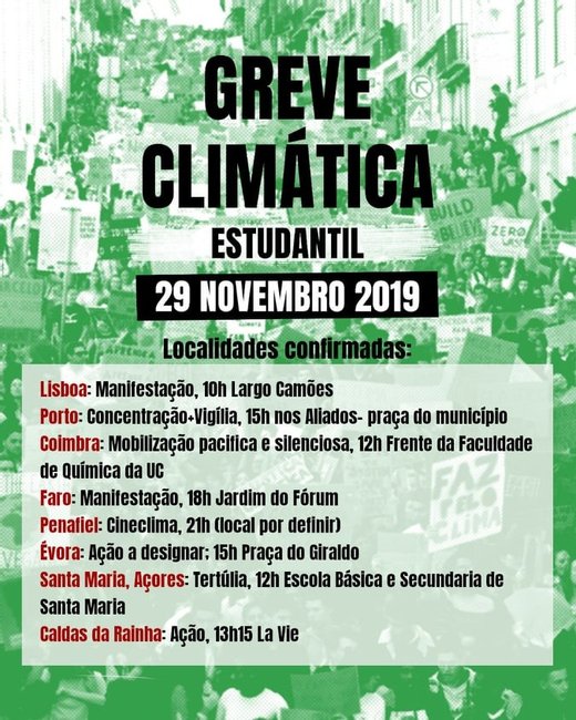 Cartaz Greve Climática Estudiantil- Localidades confirmadas 29 Novembro 2019
