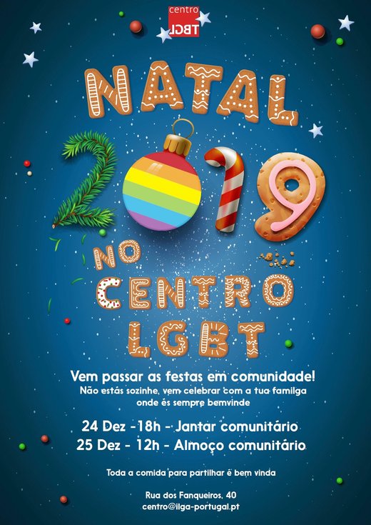 Cartaz Natal 2019: Jantar e Almoço Comunitário 24 e 25 dezembro 2019 Centro LGBT Lisboa
