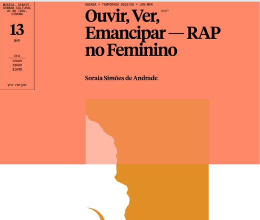 Cartaz Ouvir Ver Emancipar RAP no Feminino TAGV 13 Março 2020 XXII Semana Cultural da Universidade de Coimbra
