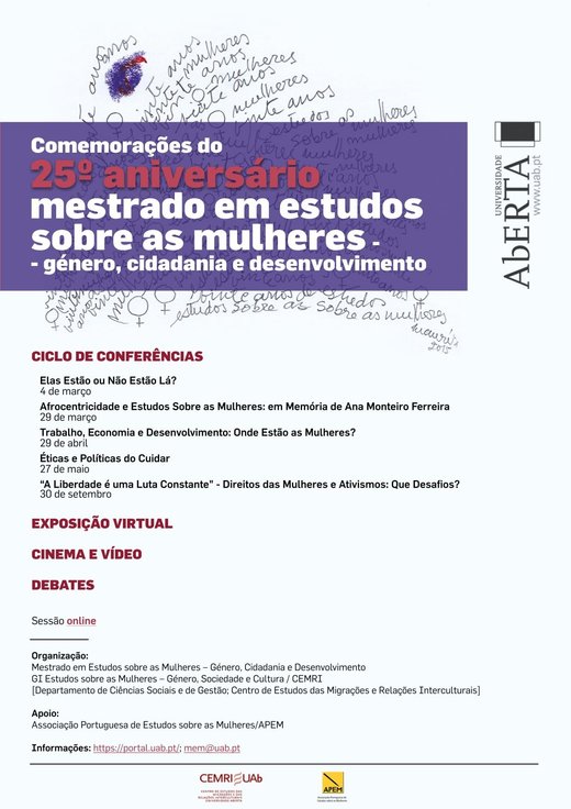 Cartaz Programa 25.º aniversário do Mestrado em Estudos sobre as Mulheres – Género, Cidadania e Desenvolvimento (MEM) APEM e Uab Portugal