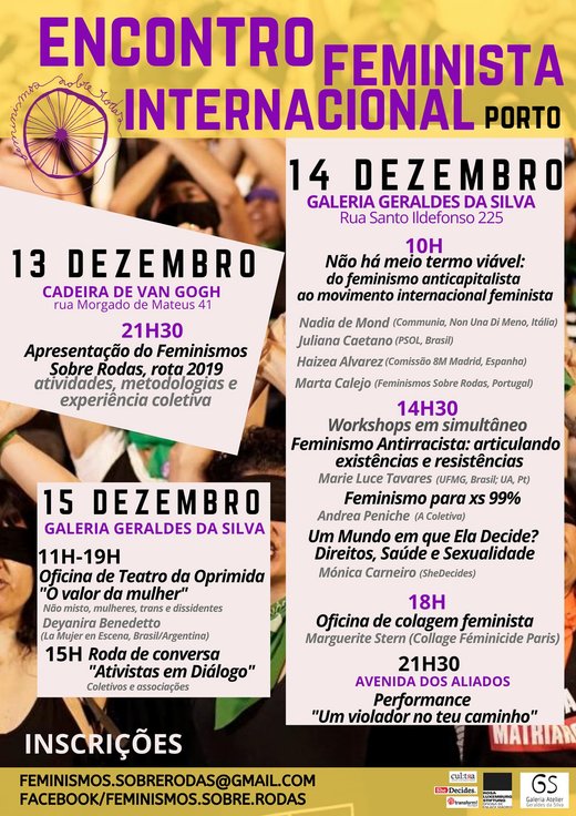 Cartaz Programa Encontro Feminista Internacional Porto 13, 14 e 15 dezembro 2019 Feminismos Sobre Rodas