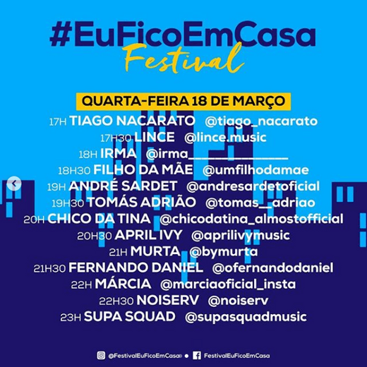 Cartaz Programa Festival EuFicoEmCasa no Instagram 18 de Março de 2020 Portugal