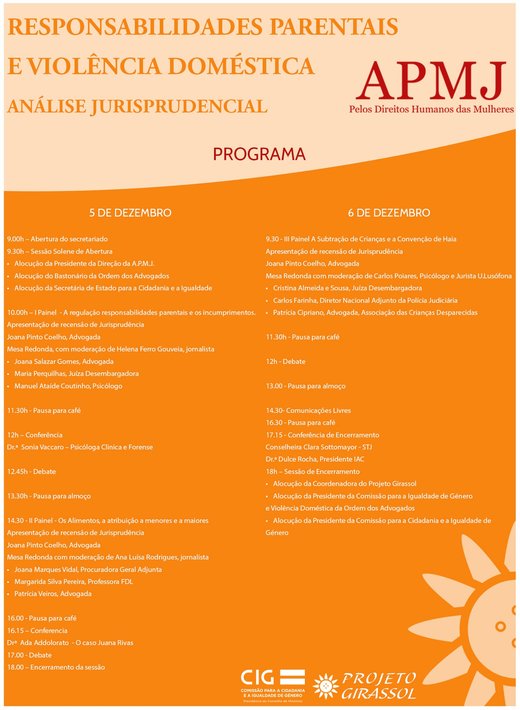 Cartaz Programa Seminário “Responsabilidades Parentais e Violência Doméstica” 5 e 6 Dezembro 2019 Ordem dos Advogados Lisboa
