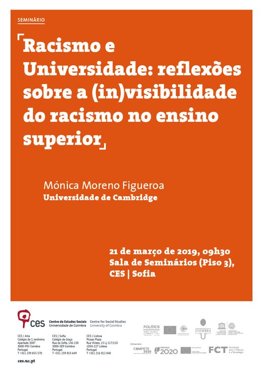 Cartaz Racismo e Universidade: reflexões sobre a (in)visibilidade do racismo no ensino superior 2019-03-21 Coimbra