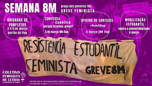 Cartaz Resistência Estudantil Feminista // Greve Feminista Internacional 8M 3 Março 2020 Coletivo Feminista de Letras e Rede 8 de Março Universidade do Porto