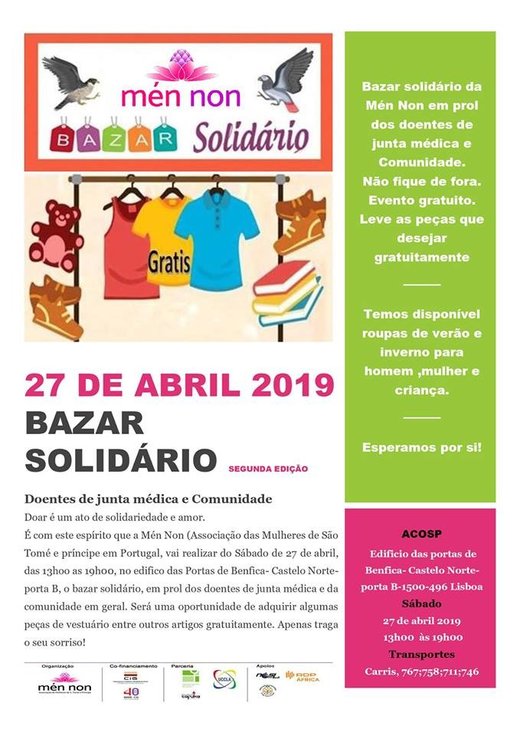 Cartaz Segunda edição Bazar solidário Mennon 27 Abril 2019 Lisboa