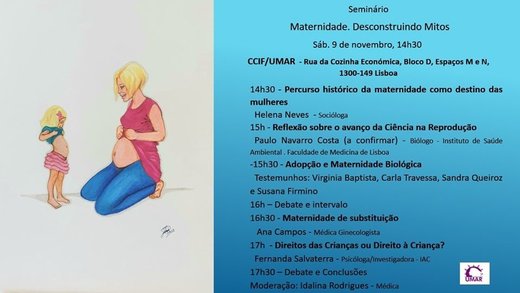 Cartaz Seminário da UMAR - Maternidade: Desconstruindo Mitos 9 Novembro 2019 Lisboa