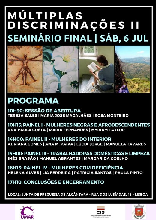 Cartaz Seminário Final do Projecto da UMAR, Múltiplas Discriminações II 6 Julho 2019 UMAR Lisboa