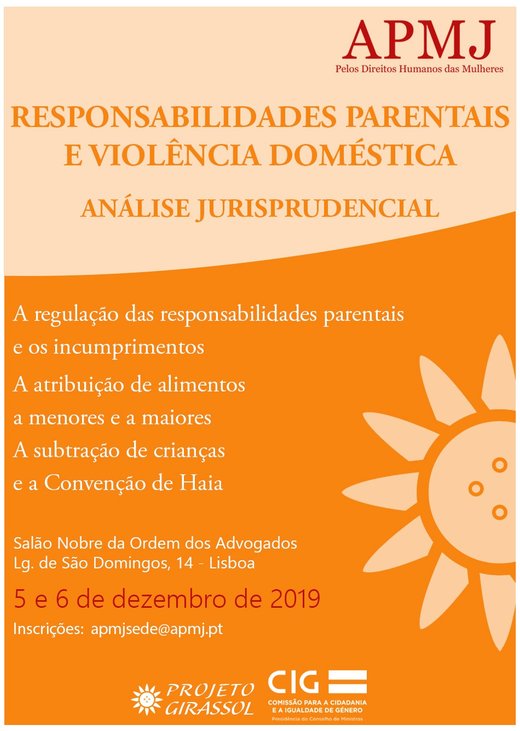 Cartaz Seminário “Responsabilidades Parentais e Violência Doméstica” 5 e 6 Dezembro 2019 Ordem dos Advogados Lisboa