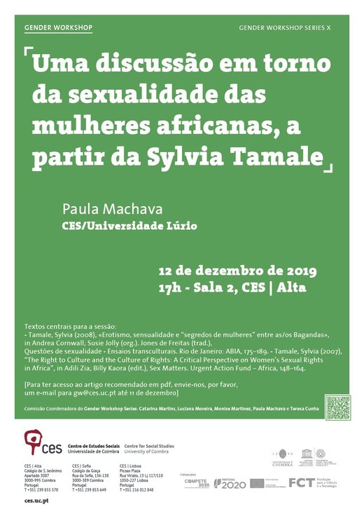 Cartaz Uma discussão em torno da sexualidade das mulheres africanas, a partir da Sylvia Tamale 12 dezembro 2019 CES | Alta Coimbra