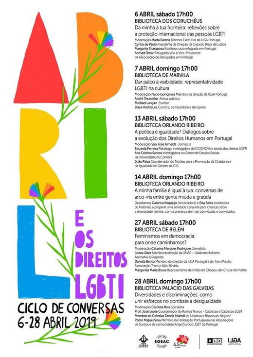 Cartaz Ciclo de conversas Abril e os Direitos LGTBI 2019 Lisboa