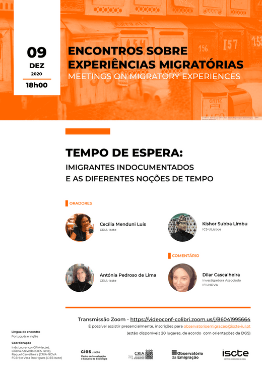 Cartaz Encontros sobre experiências migratórias| Tempo de espera: Imigrantes indocumentados e as diferentes noções de tempo - 9 dezembro 2020 misto